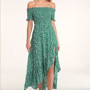Fleur-tation Green Floral Print Off-the-Shoulder Midi Dress
